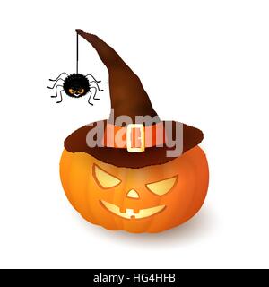 Cartoon Halloween 3d con zucca strega hat ed appendere hairy black spider isolati su sfondo bianco. Scary squash indossando tappo marrone con un nastro arancione e fibbia. Illustrazione Vettoriale. Illustrazione Vettoriale