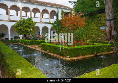 Giardino con fontane nel palazzo del Generalife, il cortile di cipresso, Alhambra di Granada, Andalusia, Spagna Foto Stock