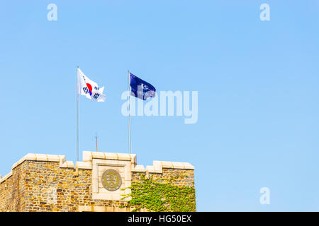 Taegukgi coreano bandiera nazionale e la Yonsei University bandiera sopra una coperta di edera edificio in mattoni su un cielo azzurro giorno Foto Stock