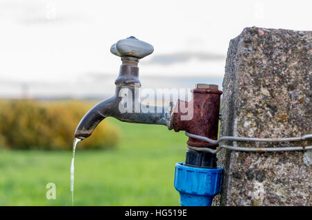 Un vecchio arrugginito rubinetto di acqua in giardino Foto Stock