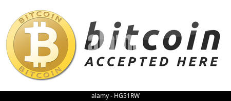 Accettiamo bitcoins. Golden bitcoin moneta virtuale. Foto Stock