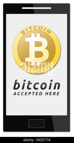 Accettiamo bitcoins. Golden bitcoin moneta virtuale sul telefono cellulare. Foto Stock