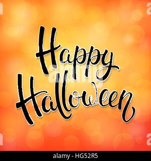 Halloween biglietto di auguri con il pennello nero scritte su sfondo arancione e bokeh elementi. Decorazione per creare poster, striscioni, flyer design. Illustrazione Vettoriale. Illustrazione Vettoriale