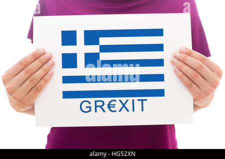 Ragazza con foglio di carta bianco con stampato Bandiera della Grecia e di scrivere Grexit Foto Stock