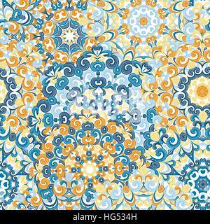 Seamless colorato modello etnico con i mandala in stile orientale. Centrini rotondo con blu, arancione, giallo riccioli e volute tessitura arabesque tradizionale ornamento di pizzo. Illustrazione Vettoriale. Illustrazione Vettoriale