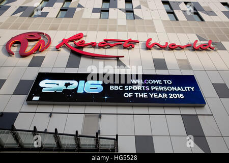 Il Genting Resort World Center, NEC,con segnaletica per il personaggio dell'Anno BBC Sports Awards Foto Stock