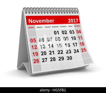 Calendario - Novembre 2017 , questo è un rendering 3d generate computer immagine. Isolato su bianco. Foto Stock