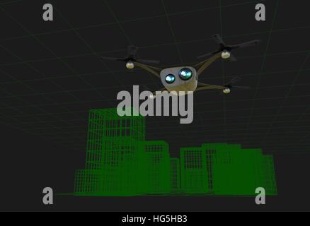 Copter realistico con telecamere volando sopra la città virtuale 3d illustrazione Foto Stock