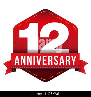Dodici anni di anniversario il badge con nastro rosso Illustrazione Vettoriale