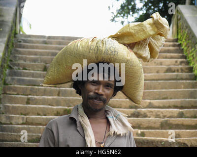 Uomo che porta un sacco sulla sua testa. Kerala, India Foto Stock