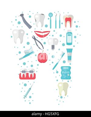 Icona dentale impostato nella forma del dente, di tipo piatto. Kit di stomatologia isolati su sfondo bianco.Odontoiatria raccolta di elementi di design. Illustrazione Vettoriale, clip art. Illustrazione Vettoriale