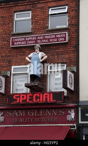 Negozio di macellaio sulla Shankill Road a Belfast Foto Stock