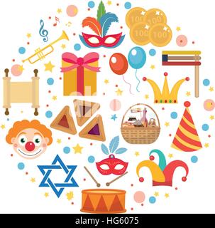 Purim set di icone in forma rotonda, isolato su sfondo bianco. Illustrazione Vettoriale clip-art. Illustrazione Vettoriale