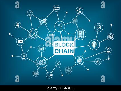 Parola Blockchain con icone come illustrazione vettoriale Illustrazione Vettoriale