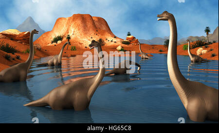 Brachiosaurus dinosauri pascolano in un lago preistorico. Foto Stock