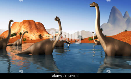 Brachiosaurus dinosauri pascolano in un lago preistorico. Foto Stock