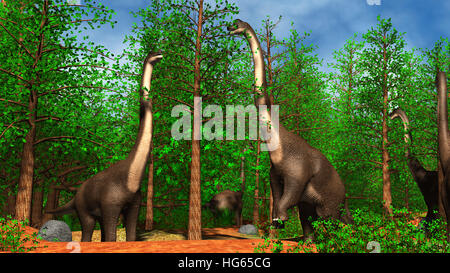 Gruppo di dinosauri Brachiosaurus pascolare sulle cime degli alberi. Foto Stock