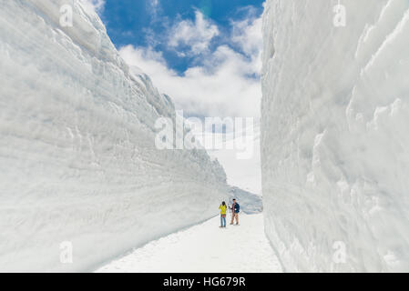 Tateyama, Giappone - 2 Maggio 2014: Unidentified turisti visitano a parete di neve sul Tateyama Kurobe Route Alpino, Alpi Giapponesi in Tateyama, Giappone Foto Stock