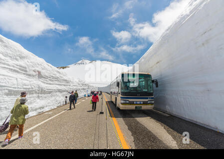 Tateyama, Giappone - 2 Maggio 2014: i turisti non identificato a piedi lungo il corridoio di neve sul Tateyama Kurobe Route Alpino, Giapponese Alp in Tateyama, Giappone Foto Stock