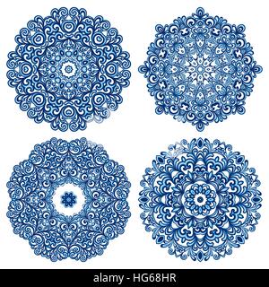 Set di mandala in stile gzhel. Orientare gli ornamenti tradizionali. Illustrazione Vettoriale. Illustrazione Vettoriale