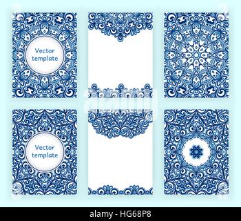 I modelli per il flyer, banner, brochure, invito, ripostiglio, poster, biglietto di auguri. Gli sfondi astratti con i mandala in stile gzhel. Illustrazione Vettoriale. Illustrazione Vettoriale