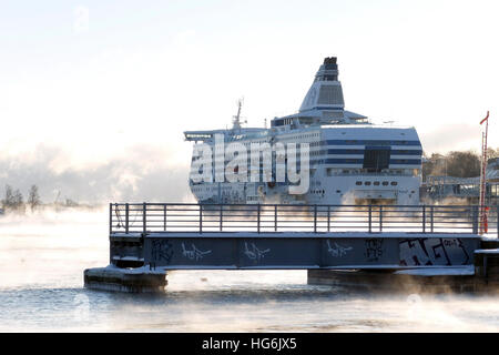 (170106) -- HELSINKI, Gennaio 6, 2017 (Xinhua) -- mare fumo è visto a sud del porto di Helsinki, Finlandia, 5 gennaio 2017. Nei primi giorni del nuovo anno la Finlandia ha riscontrato un calo improvviso a temperature invernali. Le autorità hanno dato "frost avvisi' per ricordare i residenti per mantenere caldo e per evitare rischi di impatto sulla salute. Nella città capitale di Helsinki, situato nella costa sud zona, la temperatura è scesa a meno di meno 19 gradi Celsius inizio venerdì, mentre in Muonio, northwestern Lapponia, la temperatura era meno 40 gradi Celsius giovedì. (Xinhua/Sergei Stepanov) Foto Stock