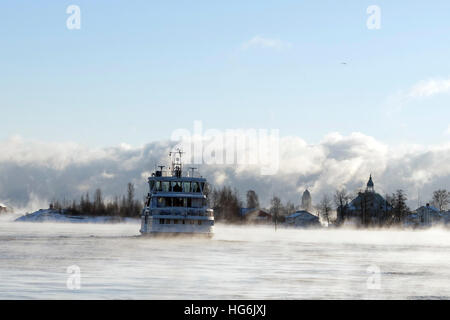 (170106) -- HELSINKI, Gennaio 6, 2017 (Xinhua) -- mare fumo è visto a sud del porto di Helsinki, Finlandia, 5 gennaio 2017. Nei primi giorni del nuovo anno la Finlandia ha riscontrato un calo improvviso a temperature invernali. Le autorità hanno dato "frost avvisi' per ricordare i residenti per mantenere caldo e per evitare rischi di impatto sulla salute. Nella città capitale di Helsinki, situato nella costa sud zona, la temperatura è scesa a meno di meno 19 gradi Celsius inizio venerdì, mentre in Muonio, northwestern Lapponia, la temperatura era meno 40 gradi Celsius giovedì. (Xinhua/Sergei Stepanov) Foto Stock