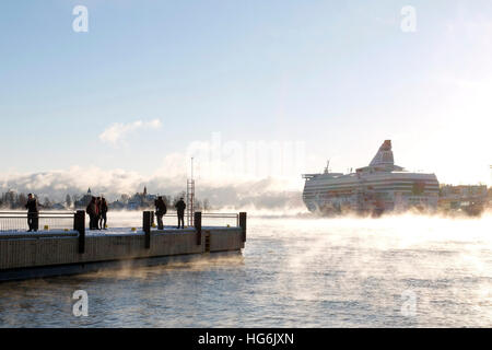 (170106) -- HELSINKI, Gennaio 6, 2017 (Xinhua) -- mare fumo è visto a sud del porto di Helsinki, Finlandia, 5 gennaio 2017. Nei primi giorni del nuovo anno la Finlandia ha riscontrato un calo improvviso a temperature invernali. Le autorità hanno dato "frost avvisi' per ricordare i residenti per mantenere caldo e per evitare rischi di impatto sulla salute. Nella città capitale di Helsinki, situato nella costa sud zona, la temperatura è scesa a meno di meno 19 gradi Celsius inizio venerdì, mentre in Muonio, northwestern Lapponia, la temperatura era meno 40 gradi Celsius giovedì. (Xinhua/Sergei Stepanov) Foto Stock