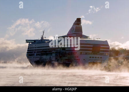 (170106) -- HELSINKI, Gennaio 6, 2017 (Xinhua) -- mare fumo è visto a sud del porto di Helsinki, Finlandia, 5 gennaio 2017. Nei primi giorni del nuovo anno la Finlandia ha riscontrato un calo improvviso a temperature invernali. Le autorità hanno dato "frost avvisi' per ricordare i residenti per mantenere caldo e per evitare rischi di impatto sulla salute. Nella città capitale di Helsinki, situato nella costa sud zona, la temperatura è scesa a meno di meno 19 gradi Celsius inizio venerdì, mentre in Muonio, northwestern Lapponia, la temperatura era meno 40 gradi Celsius giovedì. (Xinhua/Sergei Stepanov) Foto Stock