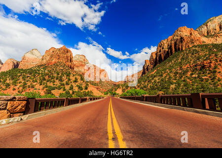 Zion National Park, Stati Uniti d'America. Eccellente con asfalto rosso strada panoramica tra le pittoresche montagne di arancione e pietra arenaria rossa. Foto Stock