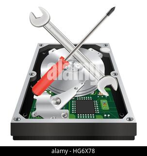 All'interno di un disco rigido interno con chiave e cacciavite Illustrazione Vettoriale