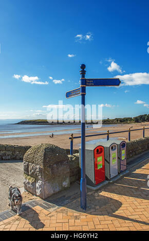 Whitmore Bay su Barry Island, nel Galles del Sud, che mostra la spiaggia, un cane, un cartello indicatore e cestini Foto Stock