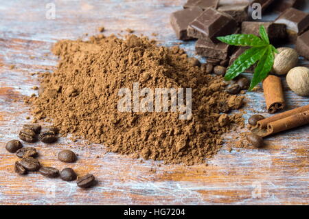 La polvere di cacao con pezzetti di cioccolato e cannella Foto Stock