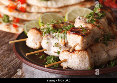 Indian pollo tikka spiedini su spiedini macro su una piastra. Posizione orizzontale Foto Stock