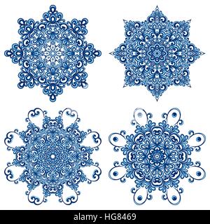 Set di mandala in stile gzhel. Orientare gli ornamenti tradizionali. Illustrazione Vettoriale