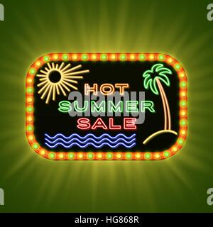 Estate calda vendita. Retrò luce al neon banner. Telaio Vintage con brillanti lampadine e neon di testo. Illustrazione Vettoriale