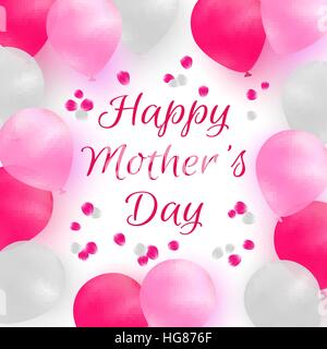 Felice Festa della mamma. Biglietto di auguri o un modello di sfondo. Bianco e palloncini rosa su sfondo bianco con petali di rosa. Illustrazione Vettoriale