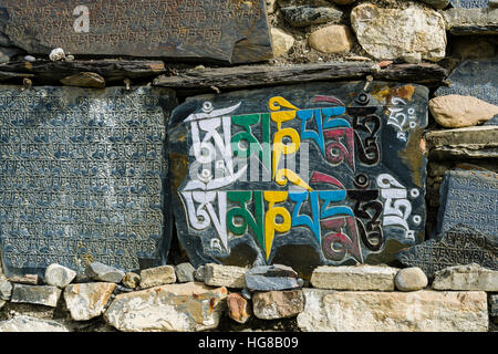 Mani pietre con inciso colorato mantra tibetano in corrispondenza di una parete, Manang, Manang District, Nepal Foto Stock