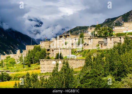 Case di pietra, Ghusang, Superiore Marsyangdi valley, Manang District, Nepal Foto Stock