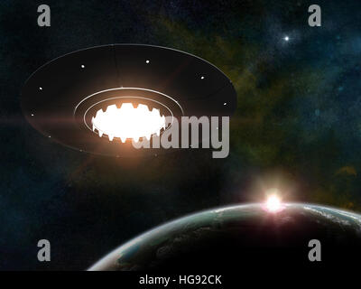 3D render di Flying Saucer su stelle di sfondo e pianeta Foto Stock
