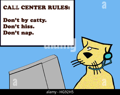 Cartoon su un servizio di assistenza clienti cat leggendo il call center le regole. Foto Stock