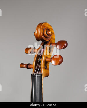 Dettaglio di un violino capo / ripiegamento su di un bianco - sfondo grigio. Foto Stock
