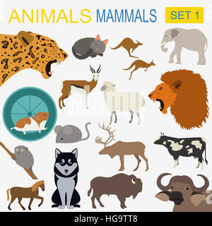 Gli animali mammiferi icon set. Vettore di tipo piatto. Illustrazione Vettoriale Foto Stock