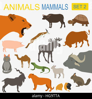 Gli animali mammiferi icon set. Vettore di tipo piatto. Illustrazione Vettoriale Foto Stock