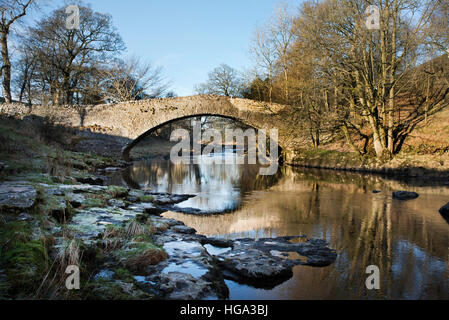 Packhorse vecchio ponte sul fiume Ribble a Stainforth, vicino a Settle, North Yorkshire, Regno Unito Foto Stock