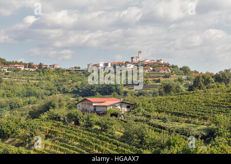 Rurale pittoresco paesaggio mediterraneo con village, vigneti e montagne Foto Stock