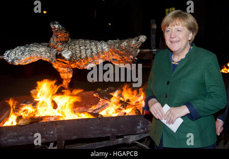 Trinwillershagen, Germania. Il 6 gennaio, 2017. Il cancelliere tedesco Angela Merkel (CDU) in piedi dal cinghiale arrosto a un nuovo anno di ricezione del Landrat del distretto Vorpommern-Ruegen, in Trinwillershagen, Germania, 6 gennaio 2017. Merkel ha rappresentato il Stralsund-Greifswald-Ruegen-Vorpommern circoscrizione nel Bundestag dal 1990. Foto: Stefan Sauer/dpa-Zentralbild/dpa/Alamy Live News Foto Stock