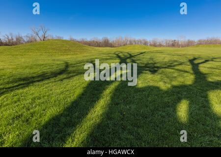 Ombre di albero che attraversa il paesaggio del Tumulo città di gruppo, dove una civiltà di inizio gli indiani americani hanno prosperato circa duemila anni fa, ora preserv Foto Stock