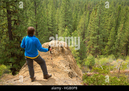 Escursionista con vista lungo la scia Butte Trail, Deschutes National Forest, Oregon Foto Stock