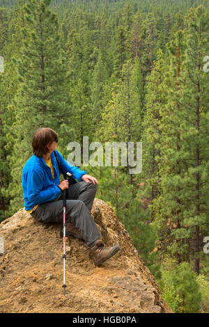 Escursionista con vista lungo la scia Butte Trail, Deschutes National Forest, Oregon Foto Stock